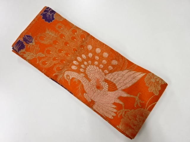 JAPANESE KIMONO / ANTIQUE HANHABA OBI / WOVEN FLOWER & PEACOCK